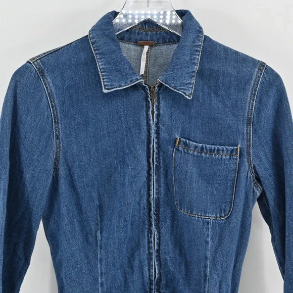 Free People Green River One-Piece Size 2 Denim Romper Boho Western Zip Up Belted - Picture 10 of 14